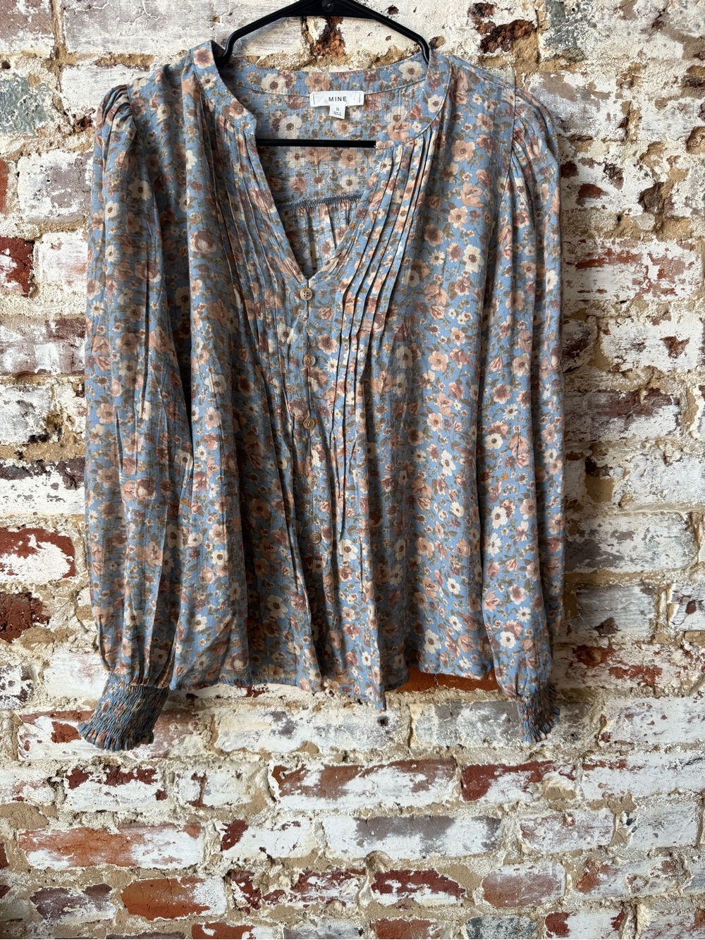 MINE Blue Floral Pintuck Peasant Blouse with Tan Accents